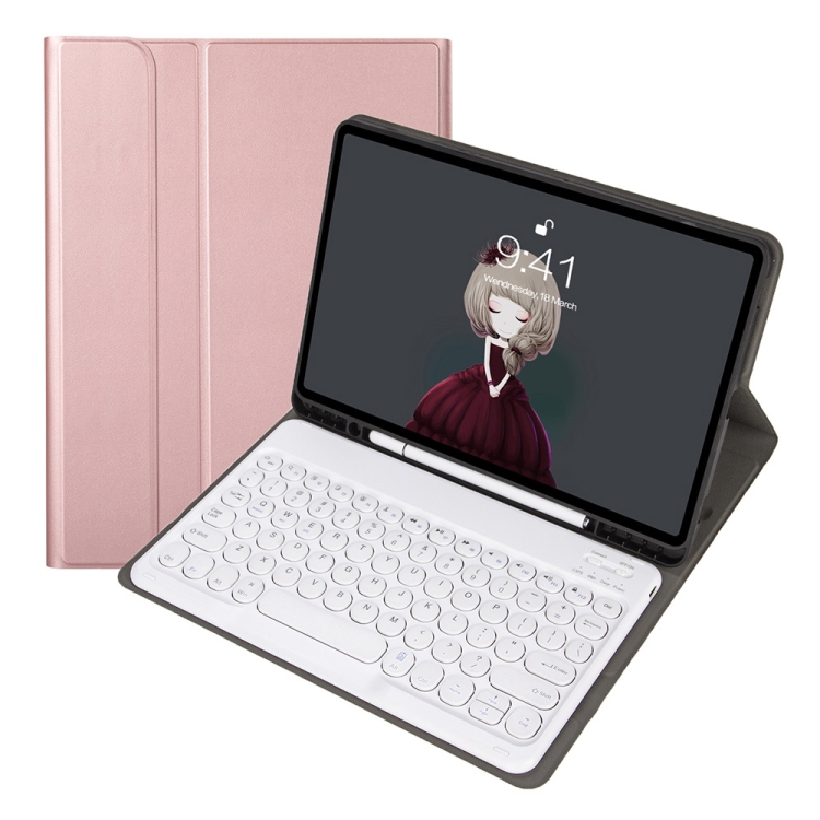 

YA07B Detachable Lambskin Texture Round Keycap Bluetooth Keyboard Leather Case with Pen Slot & Stand For iPad 9.7 inch (2018) & (2017) / Pro 9.7 inch / Air 2 /Air(Rose Gold)