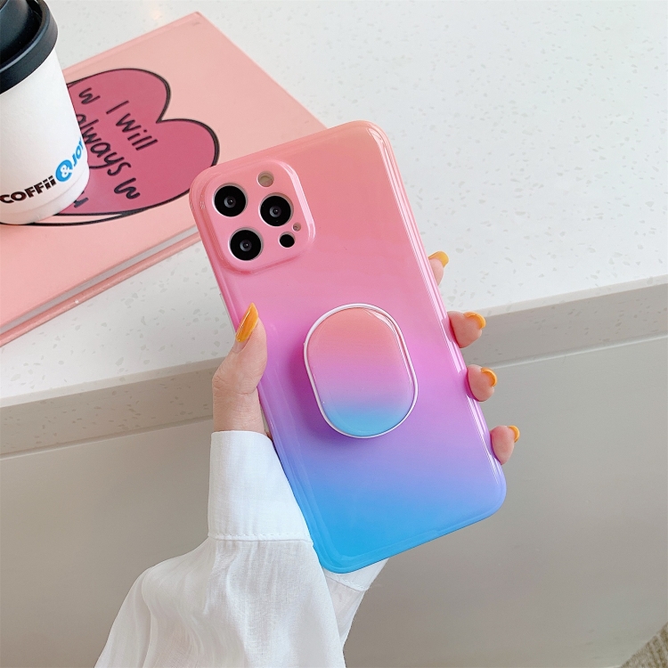

Colorful Halo Dyed Stripe Straight Edge Magic Cube Protective Case with Holder For iPhone 12 / 12 Pro(Pink Purple Blue)