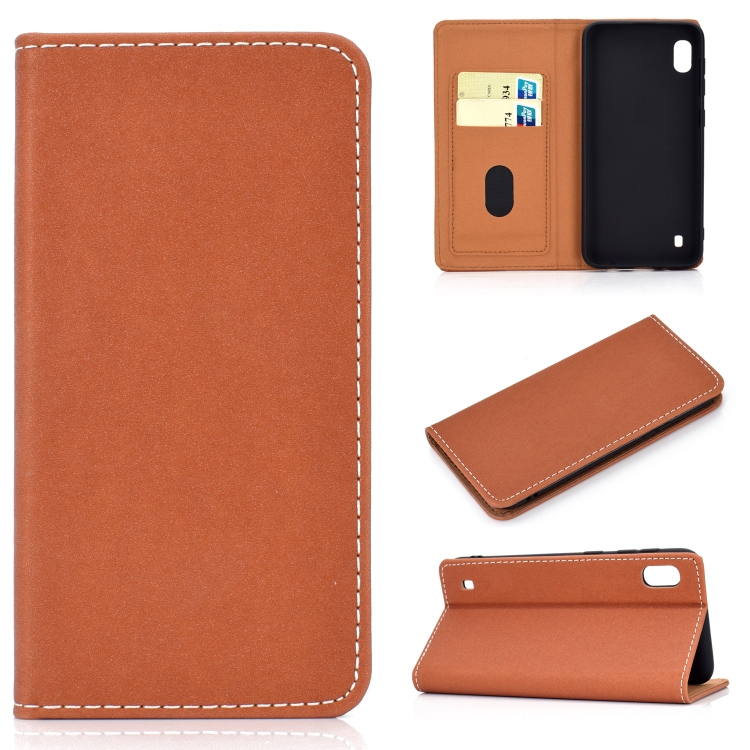 

For Galaxy A10 Solid Color Magnetic Horizontal Flip Leather Case with Card Slot & Holder(Brown)