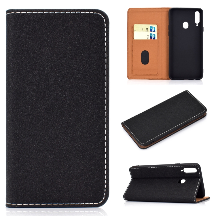 

For Galaxy A20s Solid Color Magnetic Horizontal Flip Leather Case with Card Slot & Holder(Black)