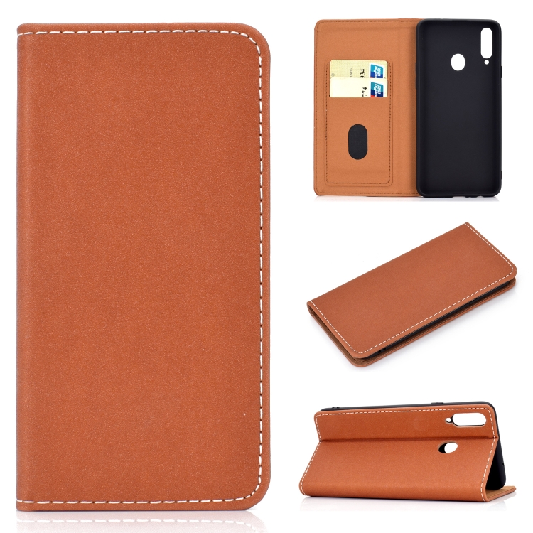 

For Galaxy A20s Solid Color Magnetic Horizontal Flip Leather Case with Card Slot & Holder(Brown)