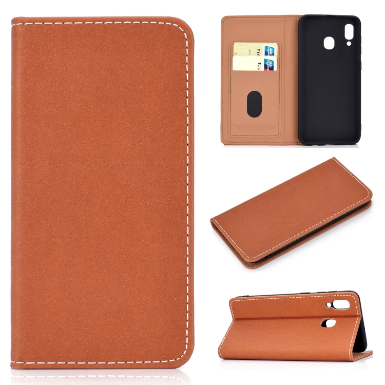 

For Galaxy A30 Solid Color Magnetic Horizontal Flip Leather Case with Card Slot & Holder(Brown)