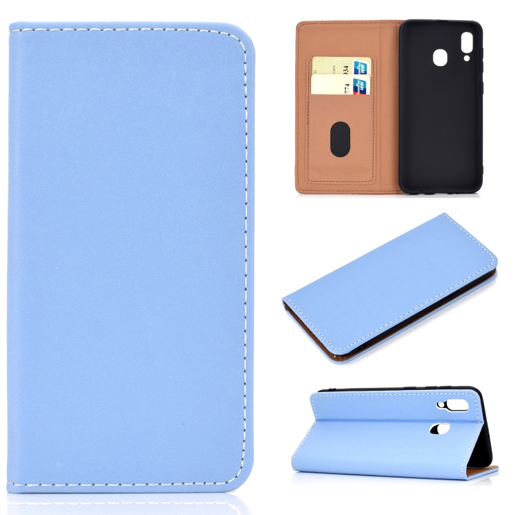 

For Galaxy A40 Solid Color Magnetic Horizontal Flip Leather Case with Card Slot & Holder(Blue)