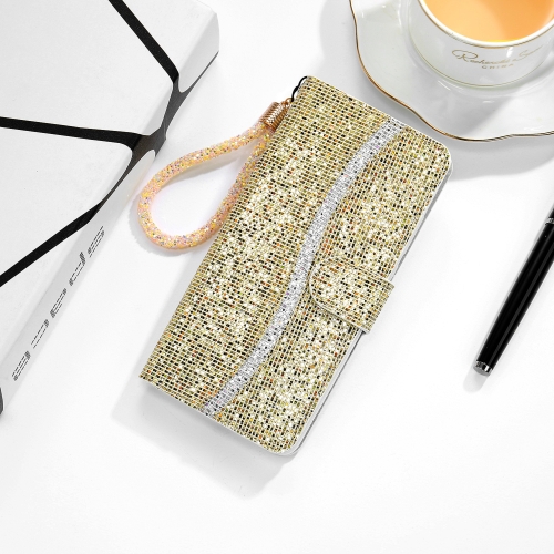 

For Samsung Galaxy S21 FE Glitter Powder Horizontal Flip Leather Case with Card Slots & Holder & Lanyard(Gold)