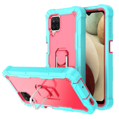 

For Samsung Galaxy A12 5G PC + Rubber 3-layers Shockproof Protective Case with Rotating Holder(Mint Green + Rose Red)