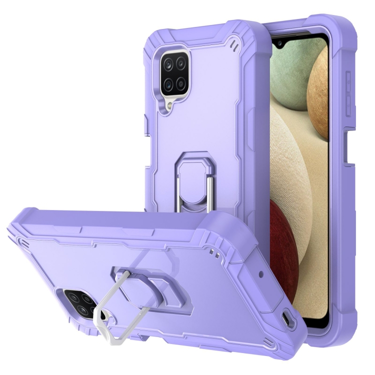 

For Samsung Galaxy A12 5G PC + Rubber 3-layers Shockproof Protective Case with Rotating Holder(Purple)
