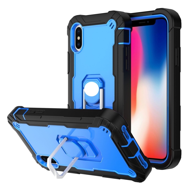 

PC + Rubber 3-layers Shockproof Protective Case with Rotating Holder For iPhone XS / X(Black + Blue)