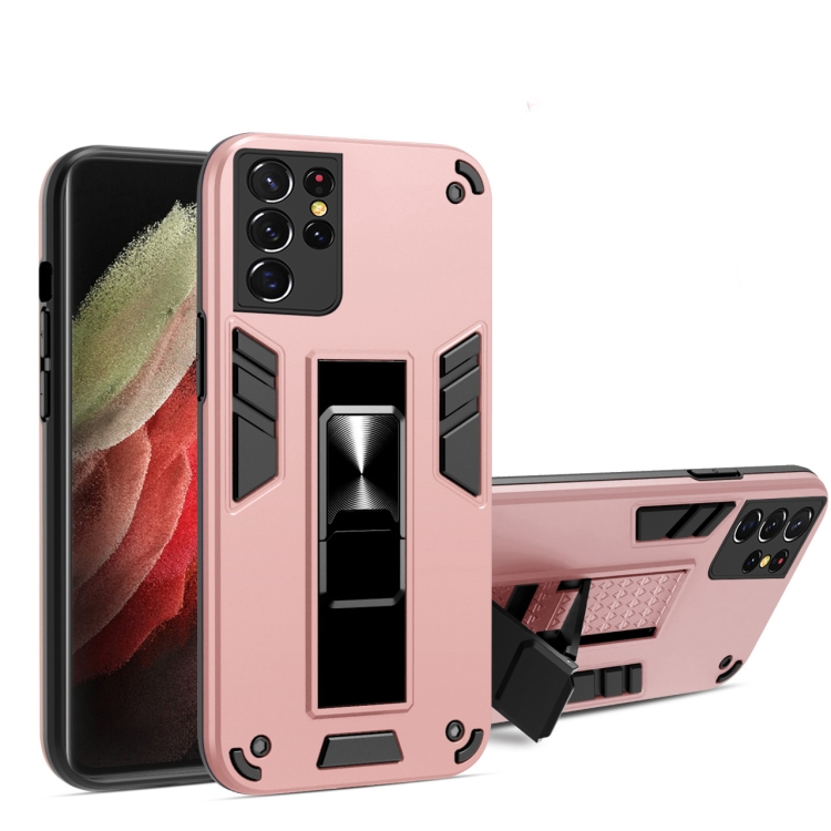 

For Samsung Galaxy S21 Ultra 5G 2 in 1 PC + TPU Shockproof Protective Case with Invisible Holder(Rose Gold)