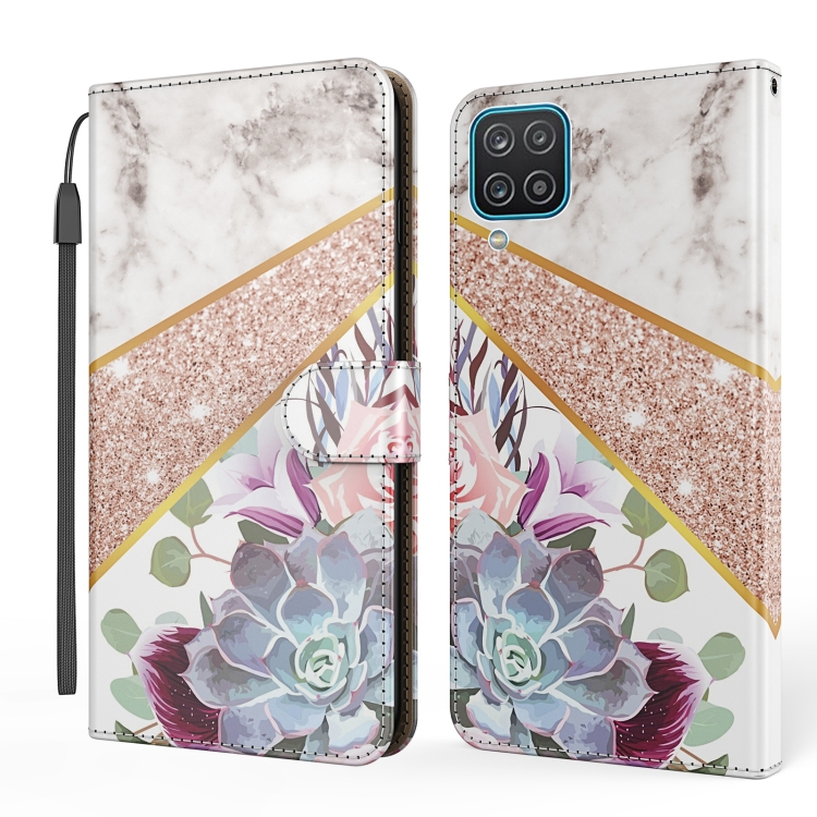 

For Samsung Galaxy A12 Marble Horizontal Flip TPU+PU Leather Case with Holder & Card Slots & Wallet & Photo Frame & Lanyard(Flower Texture)
