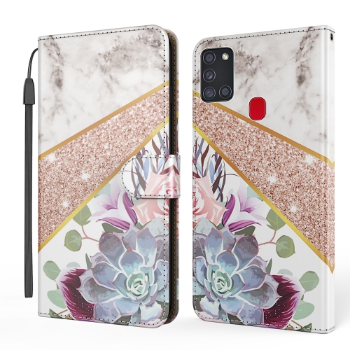 

For Samsung Galaxy A21s Marble Horizontal Flip TPU+PU Leather Case with Holder & Card Slots & Wallet & Photo Frame & Lanyard(Flower Texture)