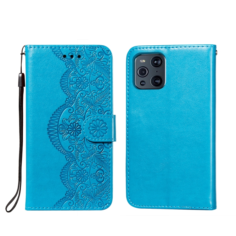 

For OPPO Find X3 / X3 Pro Flower Vine Embossing Pattern Horizontal Flip Leather Case with Card Slot & Holder & Wallet & Lanyard(Blue)