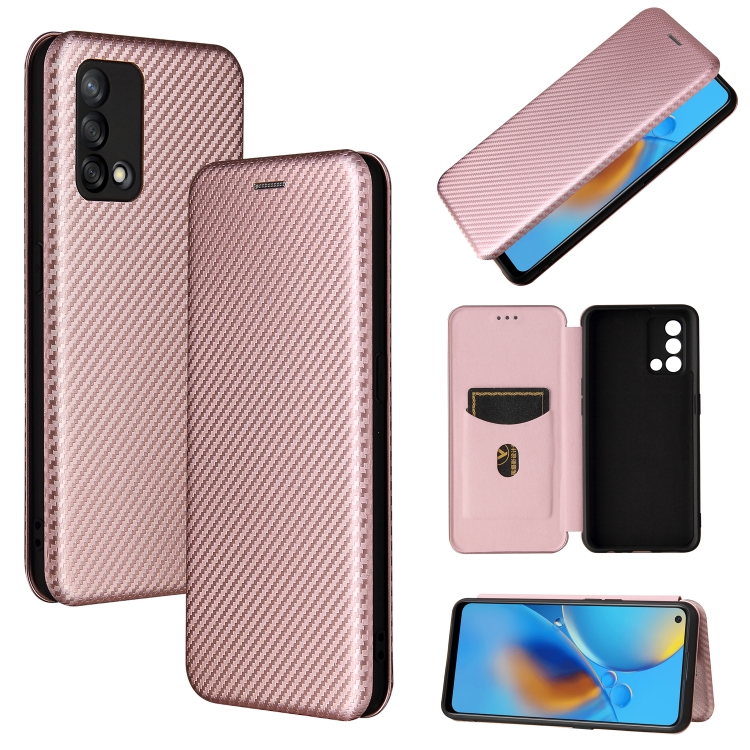 

For OPPO F19 / A74 4G Carbon Fiber Texture Magnetic Horizontal Flip TPU + PC + PU Leather Case with Card Slot(Pink)