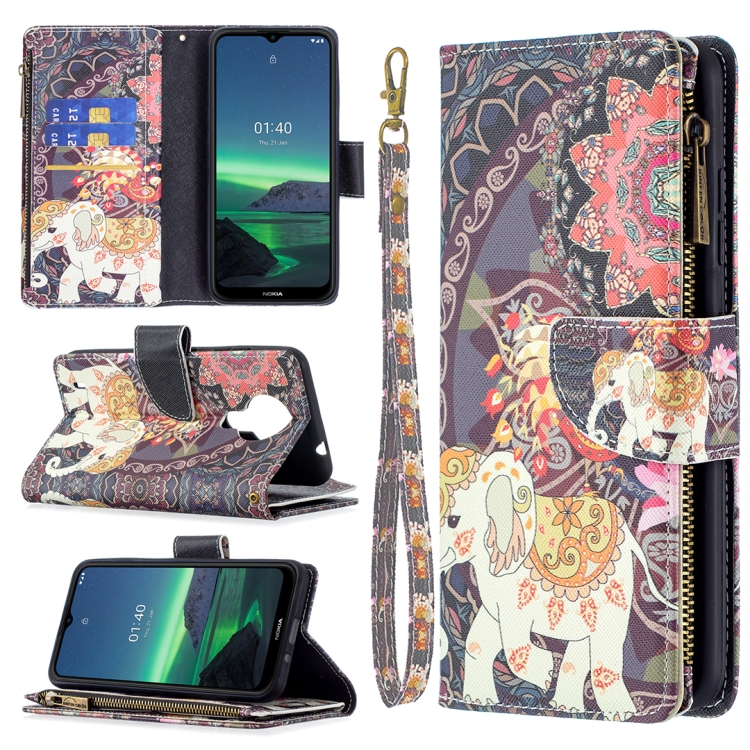 

For Nokia 1.4 Colored Drawing Pattern Zipper Horizontal Flip Leather Case with Holder & Card Slots & Wallet(Flower Elephants)