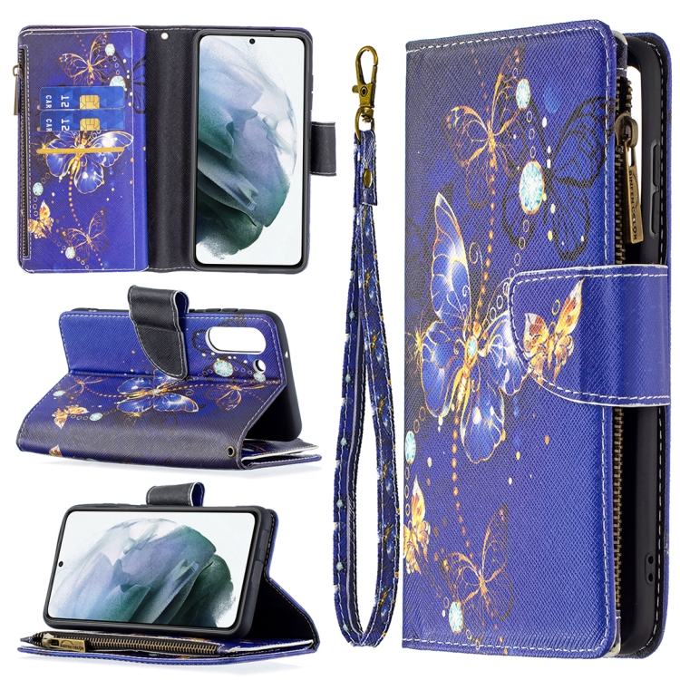 

For Samsung Galaxy S21 FE Colored Drawing Pattern Zipper Horizontal Flip Leather Case with Holder & Card Slots & Wallet(Purple Butterfly)