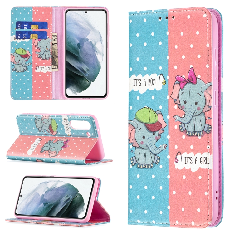 

For Samsung Galaxy S21 FE Colored Drawing Pattern Invisible Magnetic Horizontal Flip PU Leather Case with Holder & Card Slots & Wallet(Elephant)