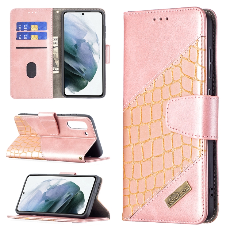

For Samsung Galaxy S21 FE / S21 Lite Matching Color Crocodile Texture Horizontal Flip PU Leather Case with Wallet & Holder & Card Slots(Rose Gold)
