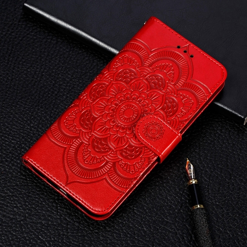 

For Samsung Galaxy A22 4G Sun Mandala Embossing Pattern Horizontal Flip PU Leather Case with Holder & Card Slots & Wallet & Lanyard(Red)