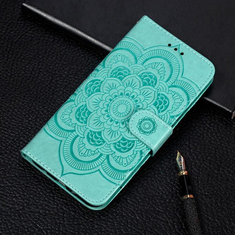 

For Samsung Galaxy S21 FE Sun Mandala Embossing Pattern Horizontal Flip PU Leather Case with Holder & Card Slots & Wallet & Lanyard(Green)