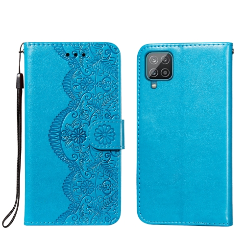 

For Samsung Galaxy A22 4G Flower Vine Embossing Pattern Horizontal Flip Leather Case with Card Slot & Holder & Wallet & Lanyard(Blue)