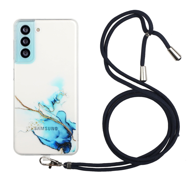 

For Samsung Galaxy S21 FE Hollow Marble Pattern TPU Shockproof Protective Case with Neck Strap Rope(Blue)