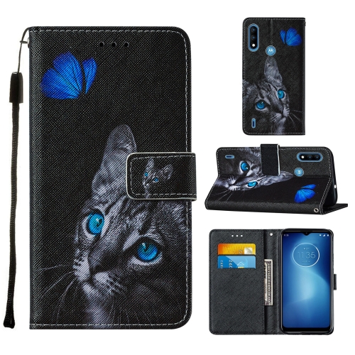 

For Motorola Moto E7 Power Cross Texture Painting Pattern Horizontal Flip Leather Case with Holder & Card Slots & Wallet & Lanyard(Blue Butterfly Cat Eyes)