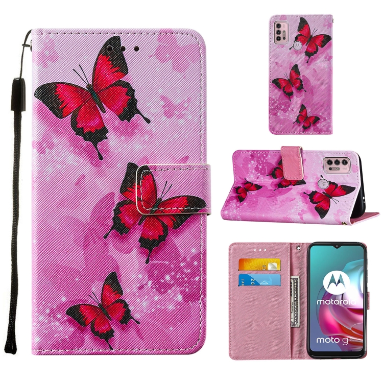 

For Motorola Moto G30 / G10 / G10 Power Cross Texture Painting Pattern Horizontal Flip Leather Case with Holder & Card Slots & Wallet & Lanyard(Pink Butterfly)