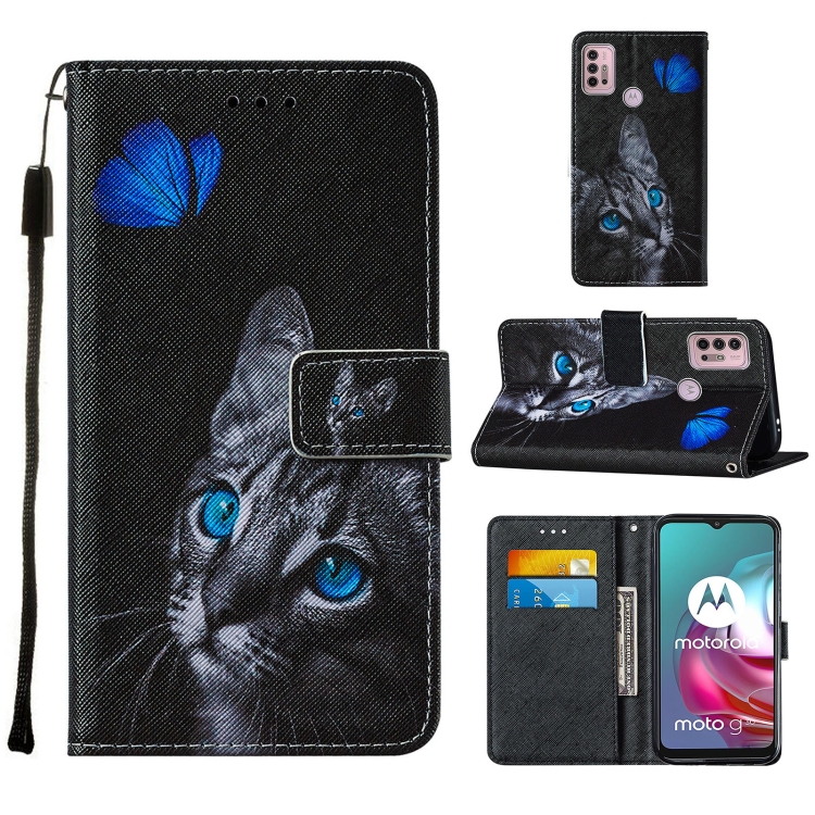

For Motorola Moto G30 / G10 / G10 Power Cross Texture Painting Pattern Horizontal Flip Leather Case with Holder & Card Slots & Wallet & Lanyard(Blue Butterfly Cat Eyes)
