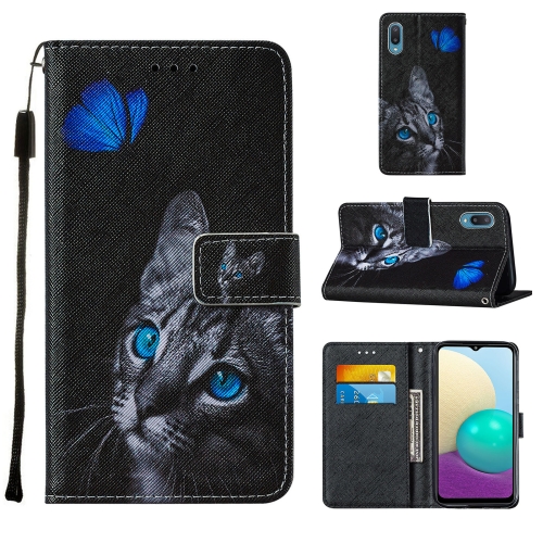 

For Samsung Galaxy A02 / M02 Cross Texture Painting Pattern Horizontal Flip Leather Case with Holder & Card Slots & Wallet & Lanyard(Blue Butterfly Cat Eyes)