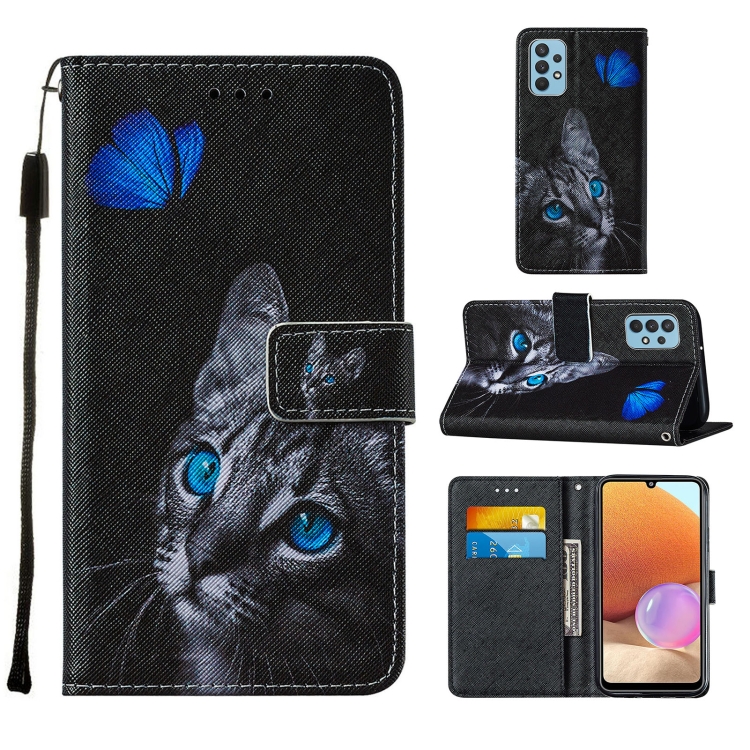 

For Samsung Galaxy A32 4G (EU Version) Cross Texture Painting Pattern Horizontal Flip Leather Case with Holder & Card Slots & Wallet & Lanyard(Blue Butterfly Cat Eyes)
