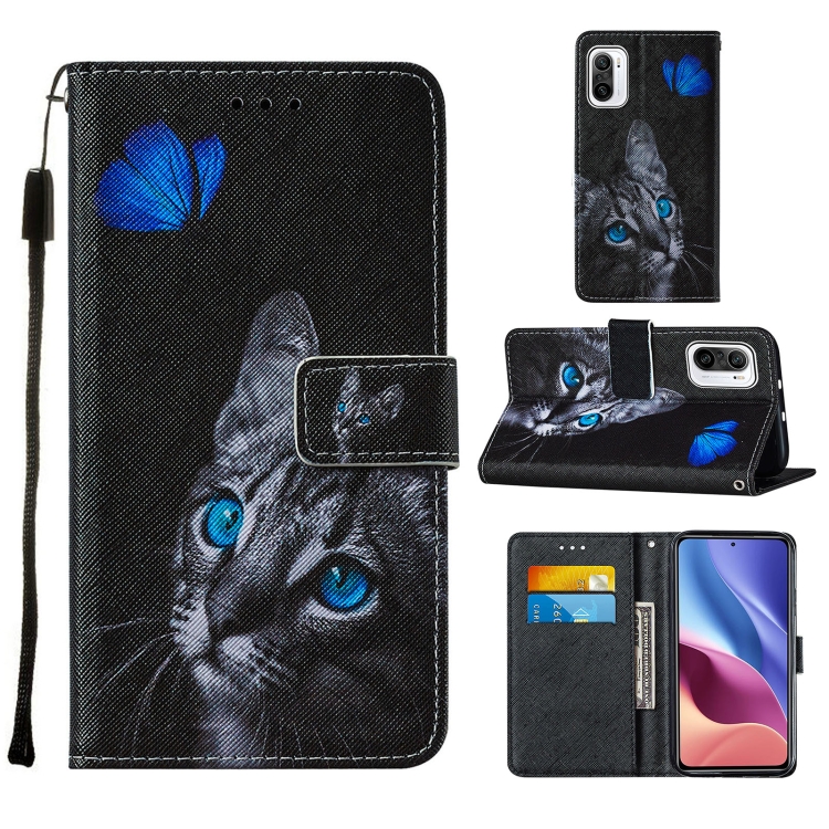 

For Xiaomi Mi 11i / Poco F3 / Redmi K40 / Redmi K40 Pro Cross Texture Painting Pattern Horizontal Flip Leather Case with Holder & Card Slots & Wallet & Lanyard(Blue Butterfly Cat Eyes)