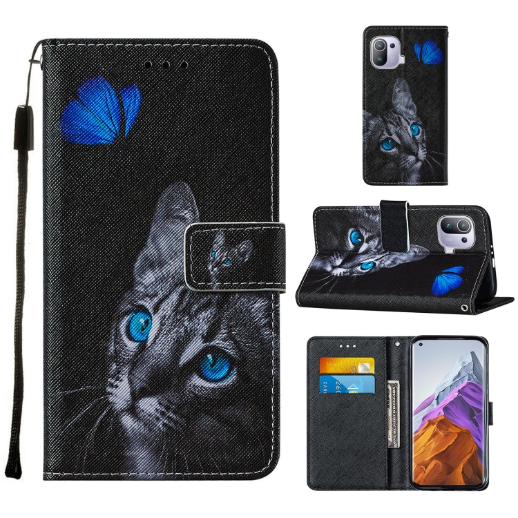 

For Xiaomi Mi 11 Pro Cross Texture Painting Pattern Horizontal Flip Leather Case with Holder & Card Slots & Wallet & Lanyard(Blue Butterfly Cat Eyes)
