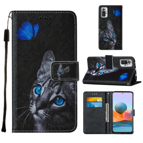 

For Xiaomi Redmi Note 10 Pro / Note 10 Pro Max Cross Texture Painting Pattern Horizontal Flip Leather Case with Holder & Card Slots & Wallet & Lanyard(Blue Butterfly Cat Eyes)