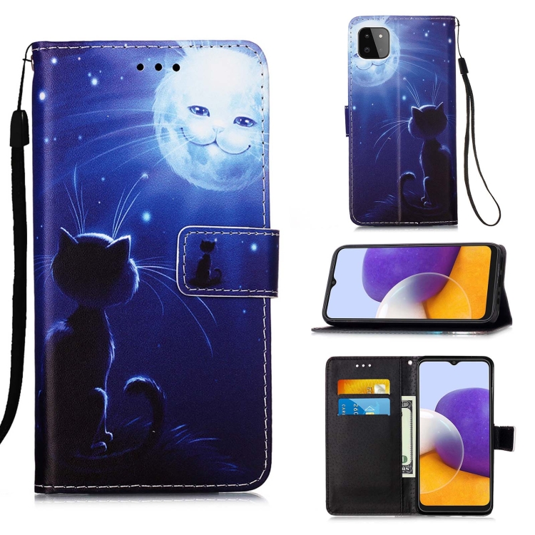 

For Samsung Galaxy A22 5G (US Version) Colored Drawing Pattern Plain Weave Horizontal Flip Leather Case with Holder & Card Slot & Wallet & Lanyard(Cat And Sun)
