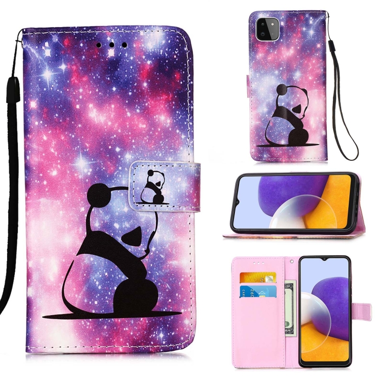 

For Samsung Galaxy A22 5G (US Version) Colored Drawing Pattern Plain Weave Horizontal Flip Leather Case with Holder & Card Slot & Wallet & Lanyard(Baby Panda)