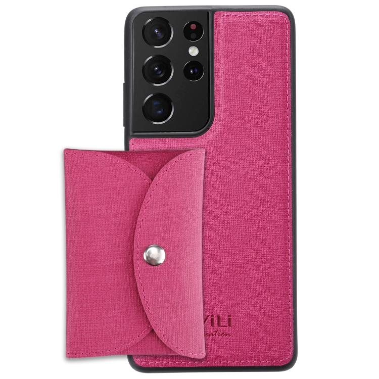 

For Samsung Galaxy S21 Ultra 5G ViLi T Series TPU + PU Woven Fabric Magnetic Protective Case with Wallet(Rose Red)