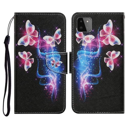 

For Samsung Galaxy A22 5G Coloured Drawing Pattern Horizontal Flip PU Leather Case with Holder & Card Slots & Wallet & Lanyard(Three Fluorescent Butterflies)