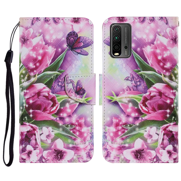 

For Xiaomi Redmi 9T Coloured Drawing Pattern Horizontal Flip PU Leather Case with Holder & Card Slots & Wallet & Lanyard(Rose Butterfly)