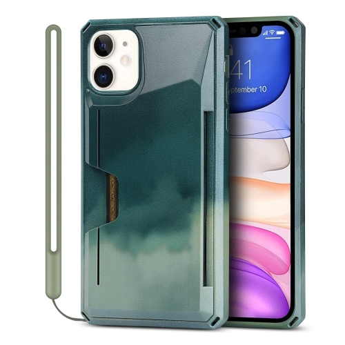 

Watercolor Painted Armor Shockproof PC Hard Case with Card Slot For iPhone 11(Dark Green)