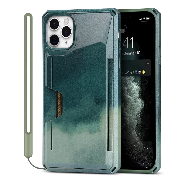 

Watercolor Painted Armor Shockproof PC Hard Case with Card Slot For iPhone 11 Pro(Dark Green)