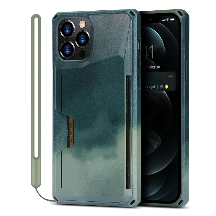 

Watercolor Painted Armor Shockproof PC Hard Case with Card Slot For iPhone 12 Pro Max(Dark Green)