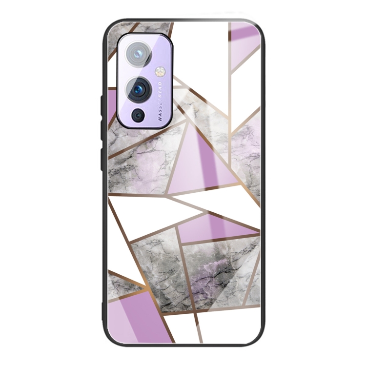 

For One Plus 9 Abstract Marble Pattern Glass Protective Case(Rhombus Gray Purple)