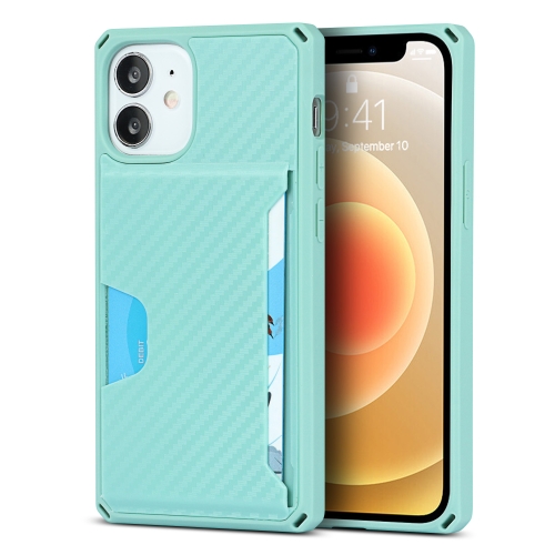 

Carbon Fiber Armor Shockproof TPU + PC Hard Case with Card Slot Holder Funtion For iPhone 12 mini(Lake Green)