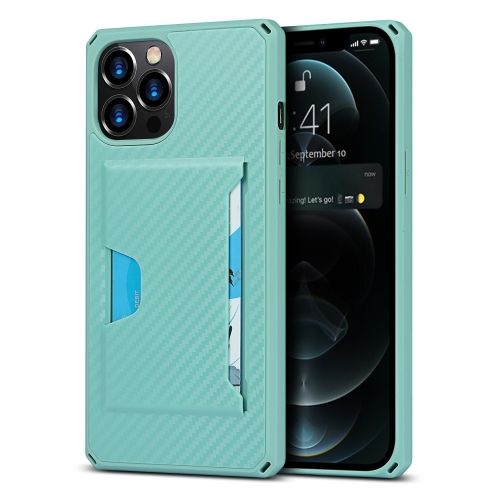 

Carbon Fiber Armor Shockproof TPU + PC Hard Case with Card Slot Holder Funtion For iPhone 12 Pro Max(Lake Green)