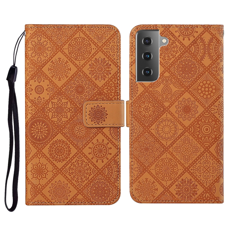 

For Samsung Galaxy S21 FE Ethnic Style Embossed Pattern Horizontal Flip Leather Case with Holder & Card Slots & Wallet & Lanyard(Brown)