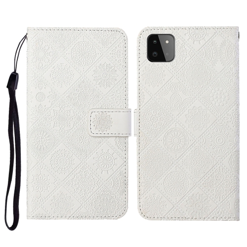 

For Samsung Galaxy A22 5G Ethnic Style Embossed Pattern Horizontal Flip Leather Case with Holder & Card Slots & Wallet & Lanyard(White)