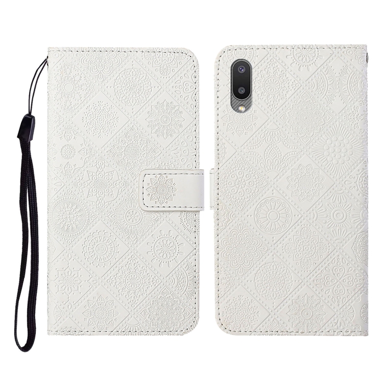 

For Samsung Galaxy A02 Ethnic Style Embossed Pattern Horizontal Flip Leather Case with Holder & Card Slots & Wallet & Lanyard(White)