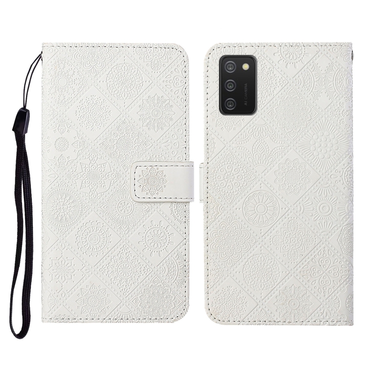 

For Samsung Galaxy A02s EU Version Ethnic Style Embossed Pattern Horizontal Flip Leather Case with Holder & Card Slots & Wallet & Lanyard(White)