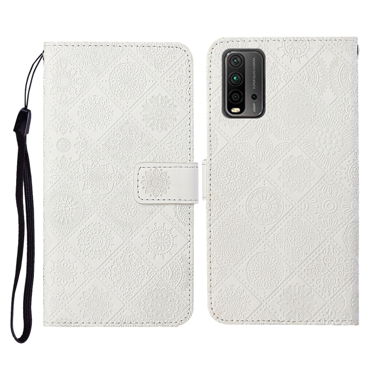 

For Xiaomi Redmi 9T Ethnic Style Embossed Pattern Horizontal Flip Leather Case with Holder & Card Slots & Wallet & Lanyard(White)
