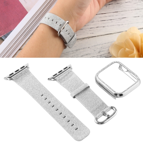

For Apple Watch Series 5 & 4 44mm Diamond Glitter Flash Protective Case + Leather Watchband(Silver)