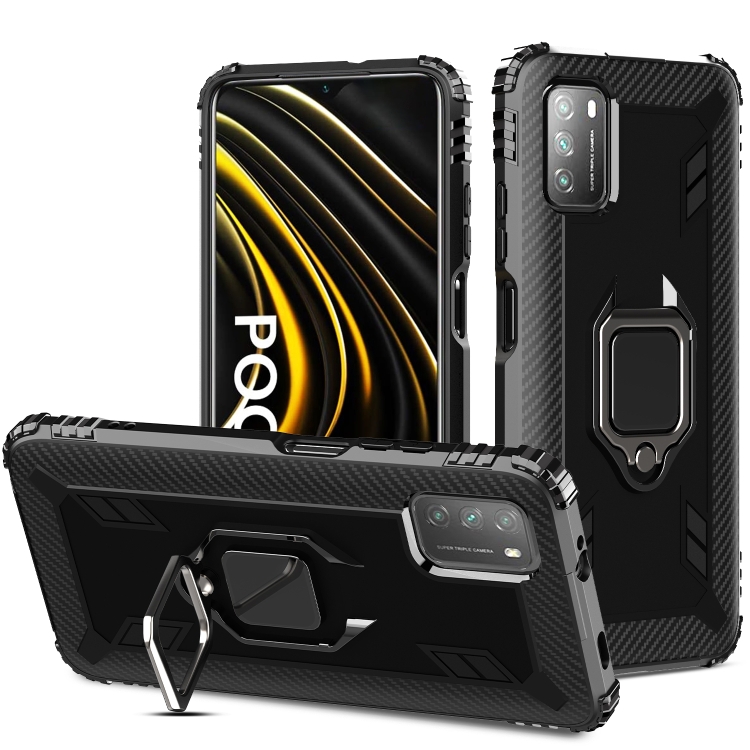 

For Xiaomi Poco M3 Carbon Fiber Protective Case with 360 Degree Rotating Ring Holder(Black)